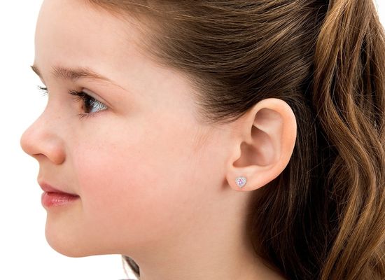 ต่างหูสตั๊ดเงินสเตอร์ลิง 925 รูปหัวใจสีชมพูและสีขาวประดับ CZ พร้อมการฝังแบบพาเวสำหรับเครื่องประดับเด็ก