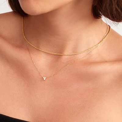 18K Gold เซอร์คอน จี้ Silver Chain Trio Diamond Cubic เซอร์คอน Necklace สร้อยคอทองเหลือง