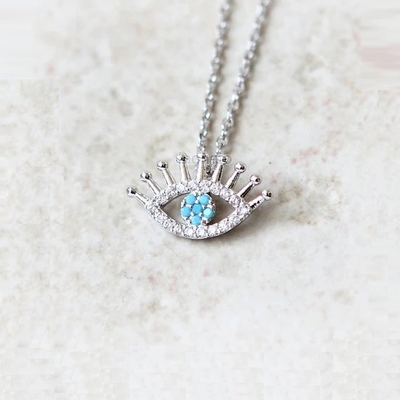 925 เงินสเตอร์ลิ่ง มิโคร Pave Clear CZ และสีเทอร์คิวาส Evils Eyes Pendant Necklace Necklaces