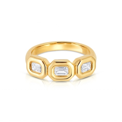 แหวนทองเหลืองทองเหลืองทองเหลืองสามเสื้อ ทําด้วยมือ มีหิน Zircon AAA และ 14K Gold Bezel