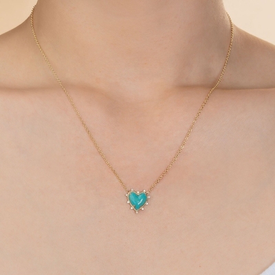 925 สตอร์ลิงเงินโซ่ พระเครื่อง เพชรและเทอร์คิวาส หัวใจ Twist Necklace ไม่มีเพชรโซ่