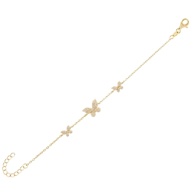 14K ทองคํา Triple Butterfly Chain Bracelet ชัดเจน CZ เงิน Chain Bracelet 925
