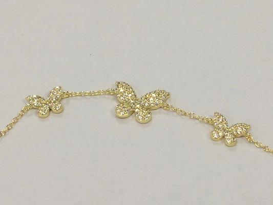 14K ทองคํา Triple Butterfly Chain Bracelet ชัดเจน CZ เงิน Chain Bracelet 925