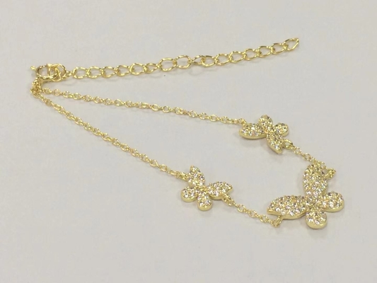 14K ทองคํา Triple Butterfly Chain Bracelet ชัดเจน CZ เงิน Chain Bracelet 925