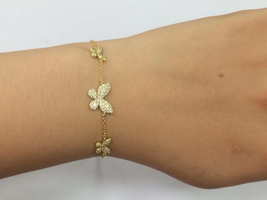 14K ทองคํา Triple Butterfly Chain Bracelet ชัดเจน CZ เงิน Chain Bracelet 925