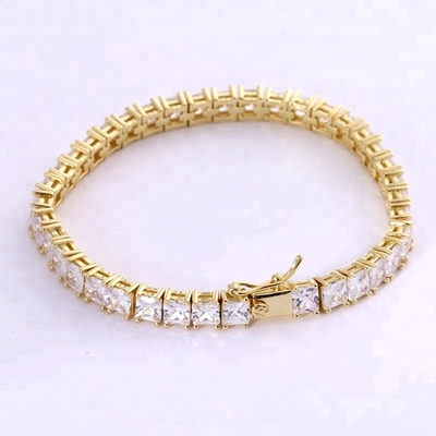ยูนิเซ็กซ์ ทําด้วยมือ 18K ทอง ฮิปฮอป ตัดสี่เหลี่ยมเหล็ก CZ 925 เงินสเตอร์ลิ่ง สตาร์ลิ่ง เทนนิสแขน