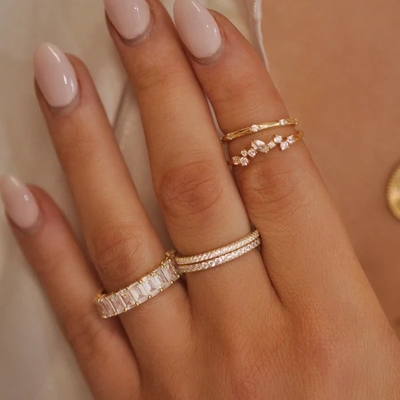 18K ทองคํา Plating Stacking Wedding Eternity Band แหวนสําหรับผู้หญิง 925 เหรียญสเตอร์ลิงเงินชุด