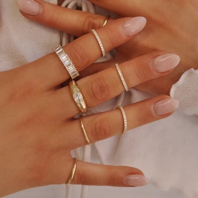 18K ทองคํา Plating Stacking Wedding Eternity Band แหวนสําหรับผู้หญิง 925 เหรียญสเตอร์ลิงเงินชุด