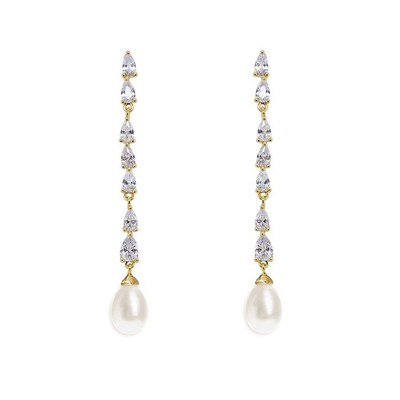 ECO Friendly Bridal Pearl Drop Earrings 18K Gold Teardrop Bridal Earrings ผ้าใบทอง 18K ทองแท้
