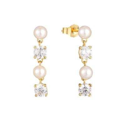 สีขาว CZ Pearl Drop Chain Earrings สําหรับผู้หญิงที่มีความซับซ้อน 925 เงินสเตอร์ลิง