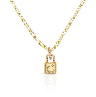18K Gold Medallion จี้ Pave White CZ Link Chain Necklace สําหรับการหมั้น