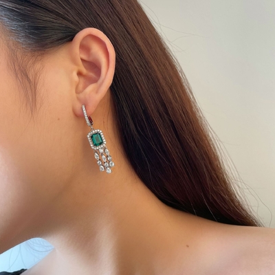 สตอร์ลิงเงินแท้ 925 สีเขียว บาแกตต์ CZ ไดมอนด์ยาว ห่วง หูข้อมือสําหรับสวม Unisex