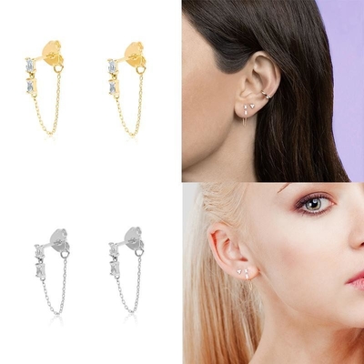 ขาย บาแกตต์ Cubic เซอร์คอน Threader Stud Earring พระเครื่อง 925 เงินสเตอร์ลิง สําหรับผู้หญิง