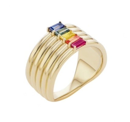 18K ทองเหลือง Rainbow บาแกตต์ ตัด CZ Multi Fashion 925 สตอร์ลิงเงินวงแหวนผู้หญิง