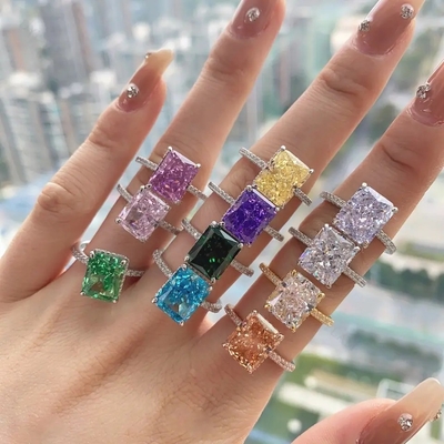 เงินทอง Baguette เพชรสีน้ําเงิน 5A ตัดน้ําแข็ง CZ แหวนหมั้นแต่งงานสําหรับผู้หญิง 925 เงินสเตอร์ลิง