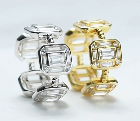 Emerald White CZ หญิง วงดนตรีนิรันดร์ บาแกตต์ 18K ทอง 925 สตอร์ลิง สิลเวอร์แหวน