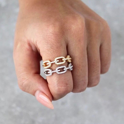 925 สตอร์ลิงเงิน Curb Link Chain แหวน 18K หญิง Cubic เซอร์คอนia แหวน