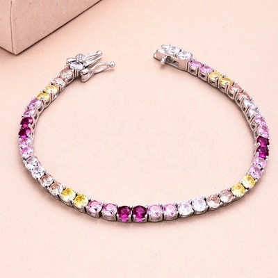 สไตล์ส่วนบุคคล Rainbow Zircon Inset 925 สตอร์ลิ่ง เงินเทนนิสแขนข้อมือสําหรับผู้หญิง