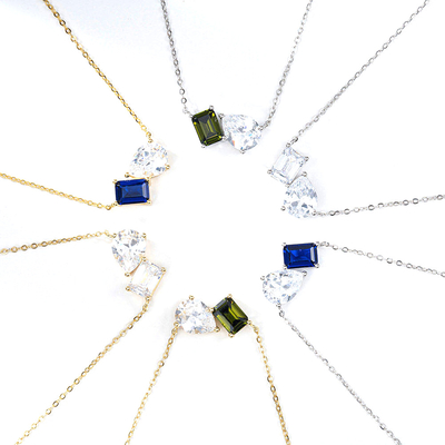 ขายร้อน 925 เหรียญเงิน คูชั่นตัด ซาฟิเรียและสี่เหลี่ยมตัดสีขาว Zircon สีบล็อค Zirconia หินคู่ Pendant Necklaces
