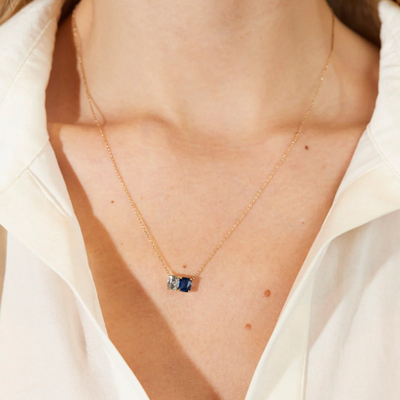 ขายร้อน 925 เหรียญเงิน คูชั่นตัด ซาฟิเรียและสี่เหลี่ยมตัดสีขาว Zircon สีบล็อค Zirconia หินคู่ Pendant Necklaces