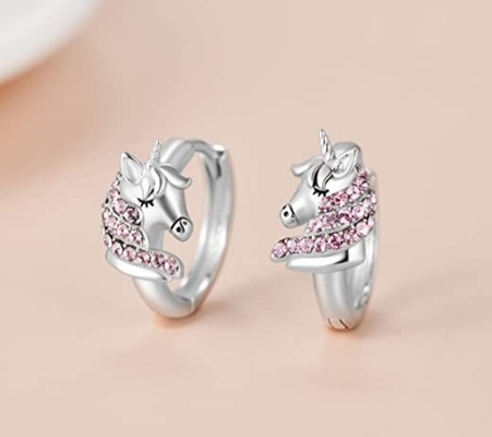 ต่างหูห่วงยูนิคอร์นเงินแท้ 925 ประดับ Pink CZ ขนาด 16 มม. สำหรับเด็ก