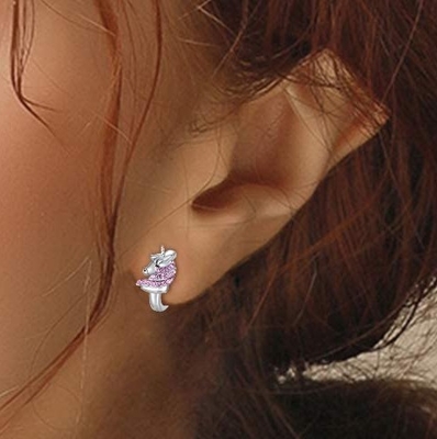 ต่างหูห่วงยูนิคอร์นเงินแท้ 925 ประดับ Pink CZ ขนาด 16 มม. สำหรับเด็ก