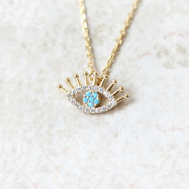 925 เงินสเตอร์ลิ่ง มิโคร Pave Clear CZ และสีเทอร์คิวาส Evils Eyes Pendant Necklace Necklaces