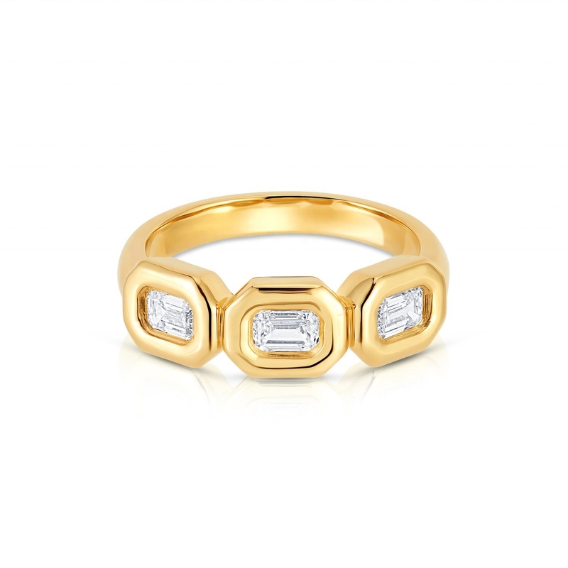 แหวนทองเหลืองทองเหลืองทองเหลืองสามเสื้อ ทําด้วยมือ มีหิน Zircon AAA และ 14K Gold Bezel