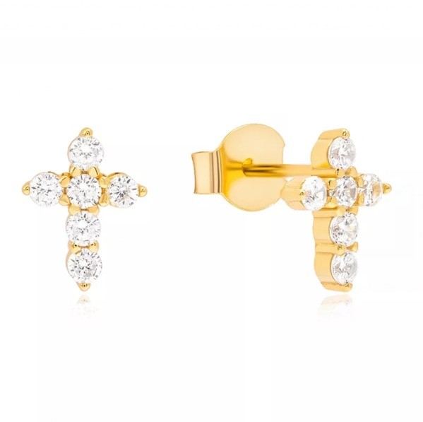 18K ทองเหลือง Micron Pave Cross Stud หูหูใน 925 เงินสเตอร์ลิงสําหรับเด็กผู้หญิง