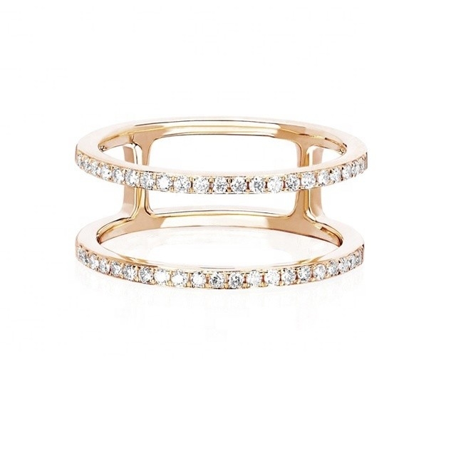 สีขาว CZ สองแถว สตั๊กเลส แหวนทอง 18K Plated Real 925 Sterling Silver Crystal Cubic Zircon เครื่องประดับ