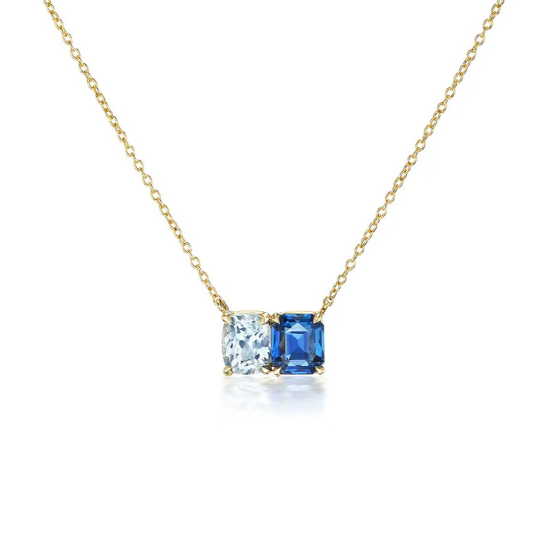 ขายร้อน 925 เหรียญเงิน คูชั่นตัด ซาฟิเรียและสี่เหลี่ยมตัดสีขาว Zircon สีบล็อค Zirconia หินคู่ Pendant Necklaces
