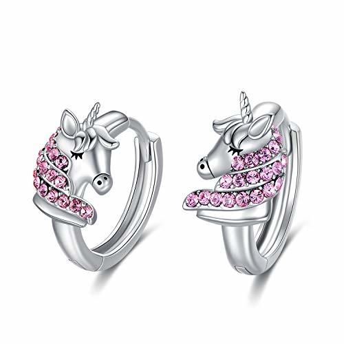 ต่างหูห่วงยูนิคอร์นเงินแท้ 925 ประดับ Pink CZ ขนาด 16 มม. สำหรับเด็ก