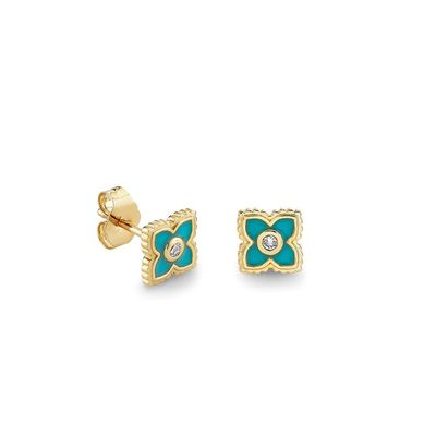 ต่างหูสตั๊ดดอกไม้ขนาดเล็กเคลือบอีนาเมลสีเทอร์ควอยซ์ชุบทอง 18K บนเงินสเตอร์ลิง 925