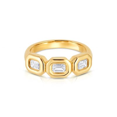 แหวนทองเหลืองทองเหลืองทองเหลืองสามเสื้อ ทําด้วยมือ มีหิน Zircon AAA และ 14K Gold Bezel