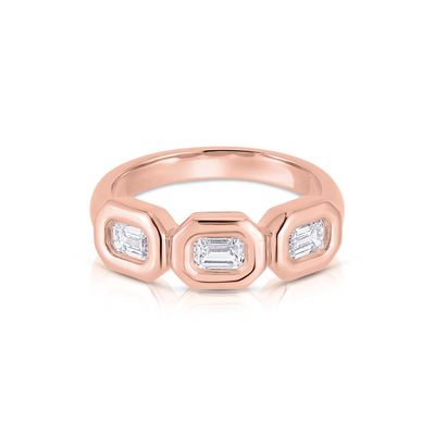 แหวนทองเหลืองทองเหลืองทองเหลืองสามเสื้อ ทําด้วยมือ มีหิน Zircon AAA และ 14K Gold Bezel