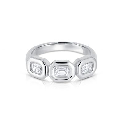 แหวนทองเหลืองทองเหลืองทองเหลืองสามเสื้อ ทําด้วยมือ มีหิน Zircon AAA และ 14K Gold Bezel