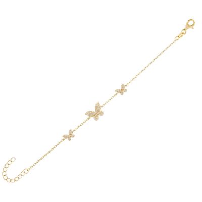 14K ทองคํา Triple Butterfly Chain Bracelet ชัดเจน CZ เงิน Chain Bracelet 925