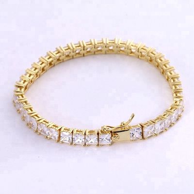 ยูนิเซ็กซ์ ทําด้วยมือ 18K ทอง ฮิปฮอป ตัดสี่เหลี่ยมเหล็ก CZ 925 เงินสเตอร์ลิ่ง สตาร์ลิ่ง เทนนิสแขน