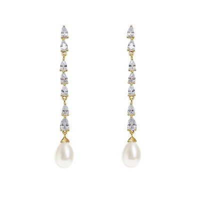 ECO Friendly Bridal Pearl Drop Earrings 18K Gold Teardrop Bridal Earrings ผ้าใบทอง 18K ทองแท้