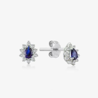เพียงแค่ 18K ทอง Plated Pear Sapphire และสีขาว Cubic Zircon หูฟังสําหรับการหมั้น