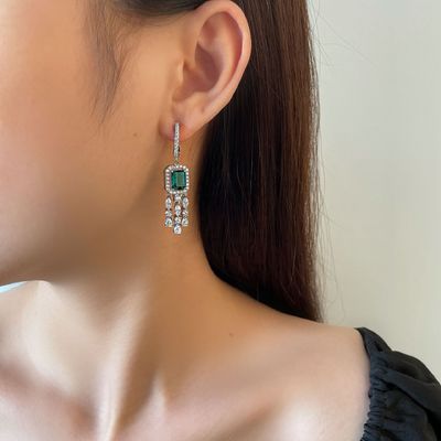 สตอร์ลิงเงินแท้ 925 สีเขียว บาแกตต์ CZ ไดมอนด์ยาว ห่วง หูข้อมือสําหรับสวม Unisex