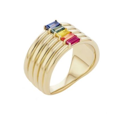 18K ทองเหลือง Rainbow บาแกตต์ ตัด CZ Multi Fashion 925 สตอร์ลิงเงินวงแหวนผู้หญิง