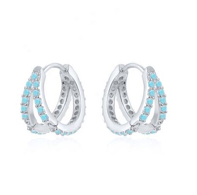โรเดียม การชุบ Double Turquoise 925 Sterling Silver Cubic เซอร์คอนia Earring สําหรับผู้หญิง