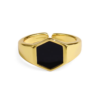 14K ทองคํา Plated สีดํา Agate วงแหวน Cuff ใน 925 เงินสําหรับบุคคลที่มีสติสไตล์