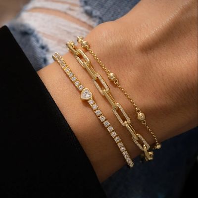 925 สตอร์ลิง เหรียญเงิน 14K ทองคํา Plated หัวใจเทนนิสแขนข้อมือกับ Zircon