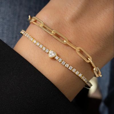 925 สตอร์ลิง เหรียญเงิน 14K ทองคํา Plated หัวใจเทนนิสแขนข้อมือกับ Zircon