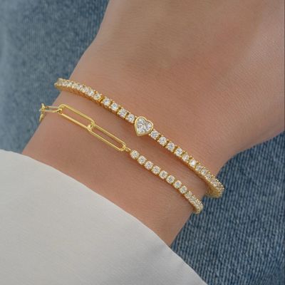 925 สตอร์ลิง เหรียญเงิน 14K ทองคํา Plated หัวใจเทนนิสแขนข้อมือกับ Zircon