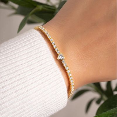 925 สตอร์ลิง เหรียญเงิน 14K ทองคํา Plated หัวใจเทนนิสแขนข้อมือกับ Zircon