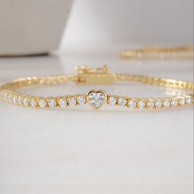 925 สตอร์ลิง เหรียญเงิน 14K ทองคํา Plated หัวใจเทนนิสแขนข้อมือกับ Zircon