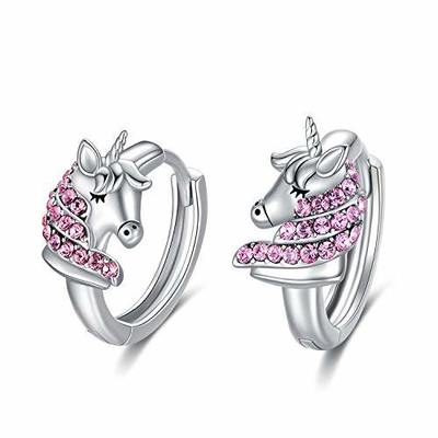 ต่างหูห่วงยูนิคอร์นเงินแท้ 925 ประดับ Pink CZ ขนาด 16 มม. สำหรับเด็ก
